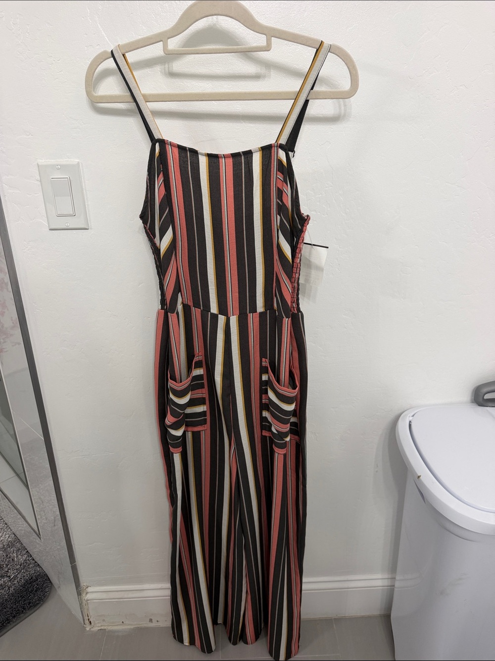 Striped Wide-Leg Jumpsuit with Pockets - Coral, Black & Cream